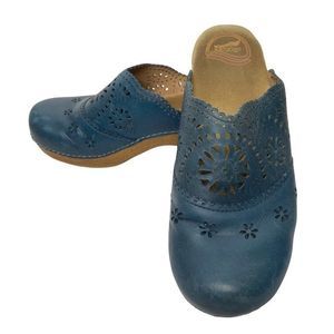 Dansko Skylar Leather 39 Teal Blue Clog Mules  Laser Cut Wedge Comfort Womens